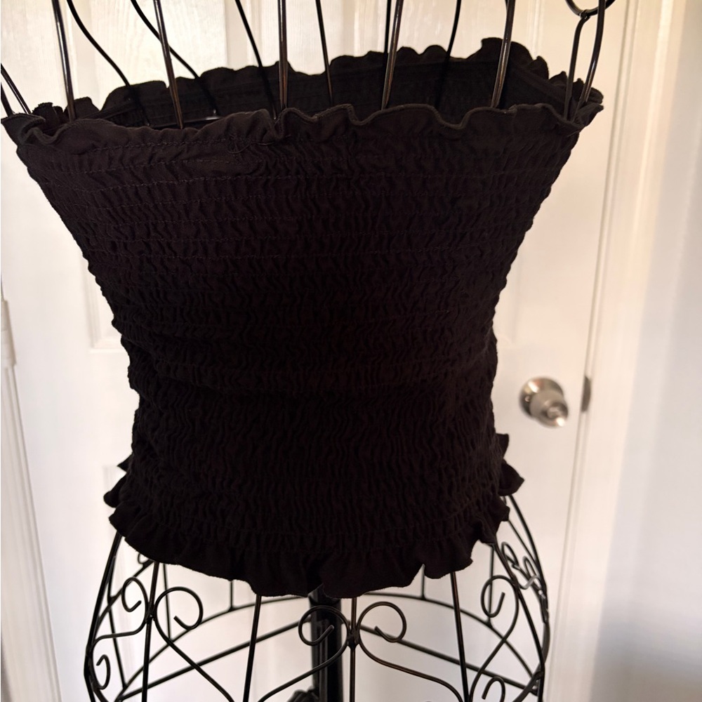 Black Smocked Strapless Ruffle Hem Camisole - Picture 5 of 7